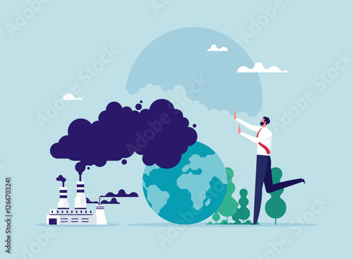 Environmental protection from pollution concept, businessman protect the world for environmental conservation and sustainability. take care about world