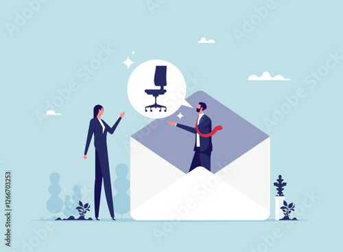 Job offer or job opportunity to be promoted or new position for higher salary concept, employment and recruitment, businesswoman candidate thinking to accept job offer email envelope