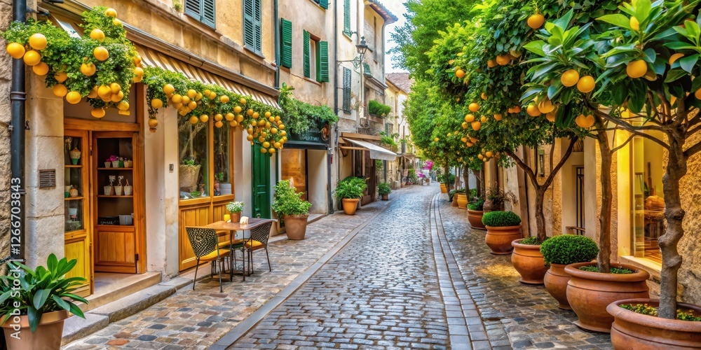 Fototapeta premium Cobblestone street lined with lemon trees and French pastries shops, pastries, france