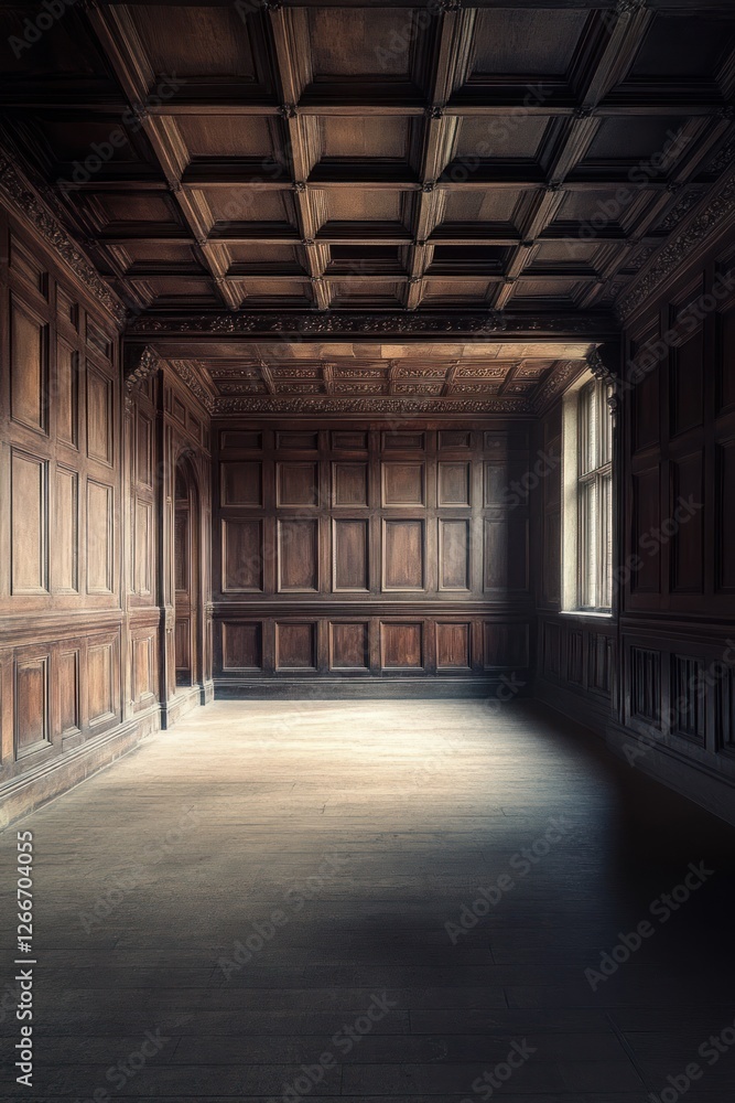 Sunlight in empty wood-paneled room, historic house interior Sunlight in empty wood-paneled room, historic house interior