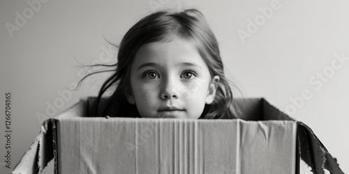 Freckled Girl s Face Peeking from Cardboard Box photo