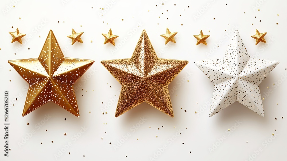 Elegant Arrangement of Five Gold and Silver Stars on a Pure White Background Creating a Festive and Celebratory Atmosphere Perfect for Decorations and Design Projects Focused on Celebration Elegant Arrangement of Five Gold and Silver Stars on a Pure White Background Creating a Festive and Celebratory Atmosphere Perfect for Decorations and Design Projects Focused on Celebration