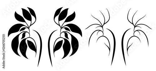 Vector set of monochrome human kidneys from leaves and branches. Healthy and eco-friendly lifestyle. Black silhouettes of anatomical organs made of foliage. Illustration for medical articles