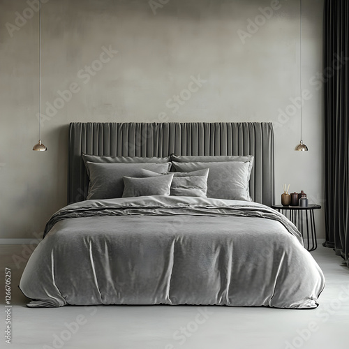 Wallpaper Mural A square view of a large gray bed with soft gray linens, displayed against a neutral backdrop Torontodigital.ca