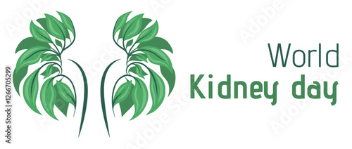 World Kidney Day banner. Horizontal postcard with kidneys made of foliage with text. Support and treatment of human internal organs.