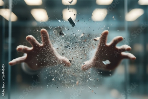 Dynamic action scene depicting hands shattering glass, showcasing powerful impact, energy explosion, and cinematic visual effects expertise.