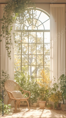 Wicker chair near window, many plants indoor, sunlight, blurred trees backdrop, home use