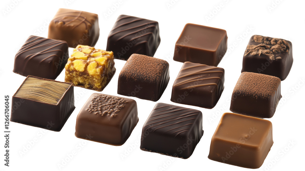 Isolated Assortment of Gourmet Chocolate Candies on White Background Isolated Assortment of Gourmet Chocolate Candies on White Background