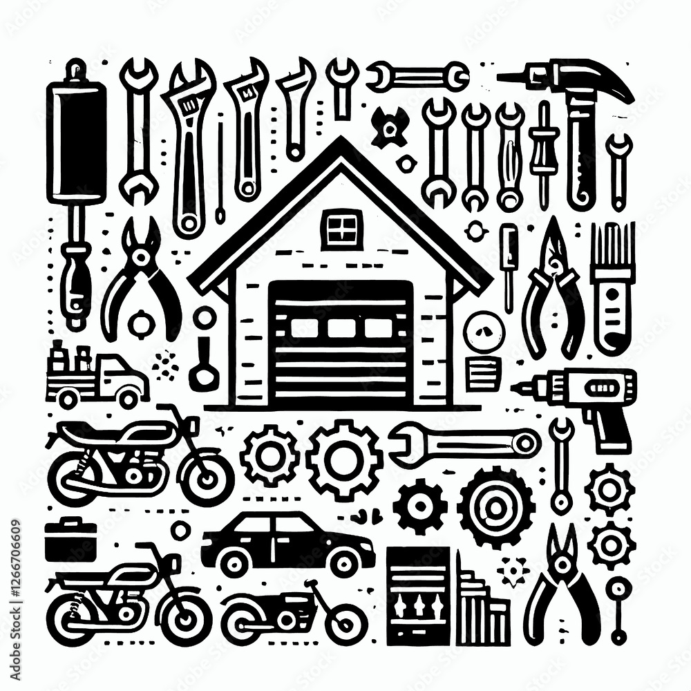 Obraz premium illustration, vector, image, art, art image, wallpaper, workshop, logo workshop, logo, icon, black and white
