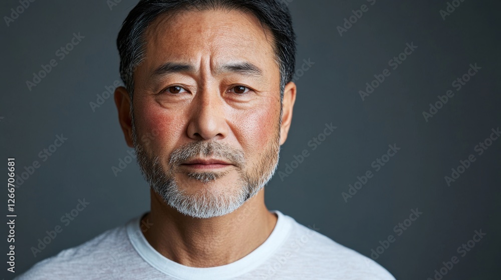 Fototapeta premium asia Before and after photos of a problematic face and healthy skin. Portrait of a Serious Middle Aged Man Against a Gray Background