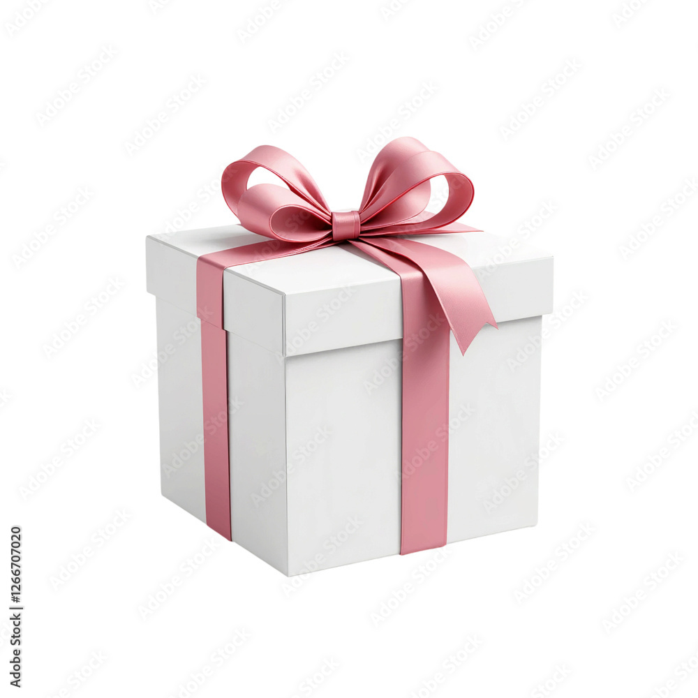 Obraz premium Elegant White Gift Box with Pink Ribbon Clipart PNG, Stylish Present Box with Satin Bow Transparent, Luxury Wrapped Gift Package for Celebration, Beautiful White Gift Box with Decorative Ribbon PNG