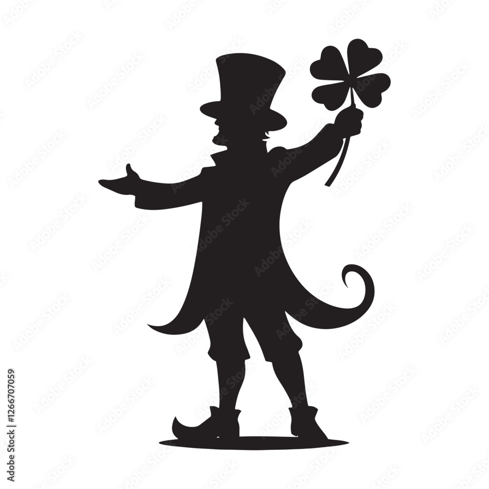 Naklejka premium Elusive Leprechaun silhouette symbolizing luck and legend - Leprechaun illustration - Leprechaun vector - mythical creature silhouette 