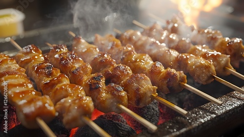 Authentic Grilled Yakitori Skewers over Binchotan Charcoal with Tare Sauce and Smoking Aroma photo