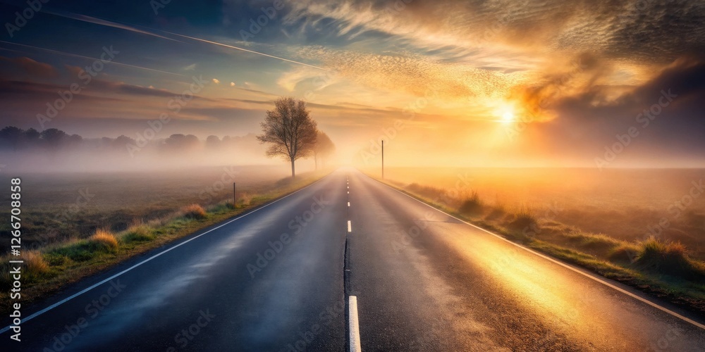 Fototapeta premium Asphalt road stretching towards a misty sunrise, bathed in the warm golden light of dawn, with a solitary tree standing sentinel beside it