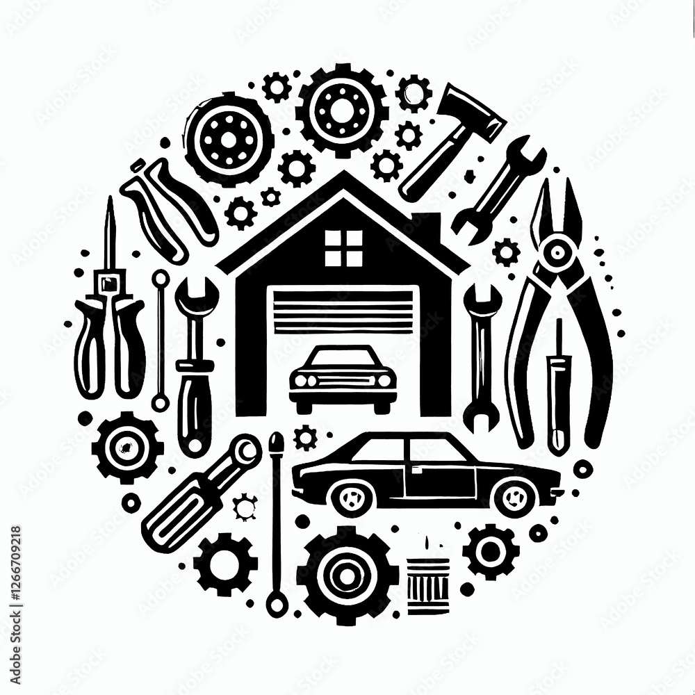 Obraz premium illustration, vector, image, art, art image, wallpaper, workshop, logo workshop, logo, icon, black and white