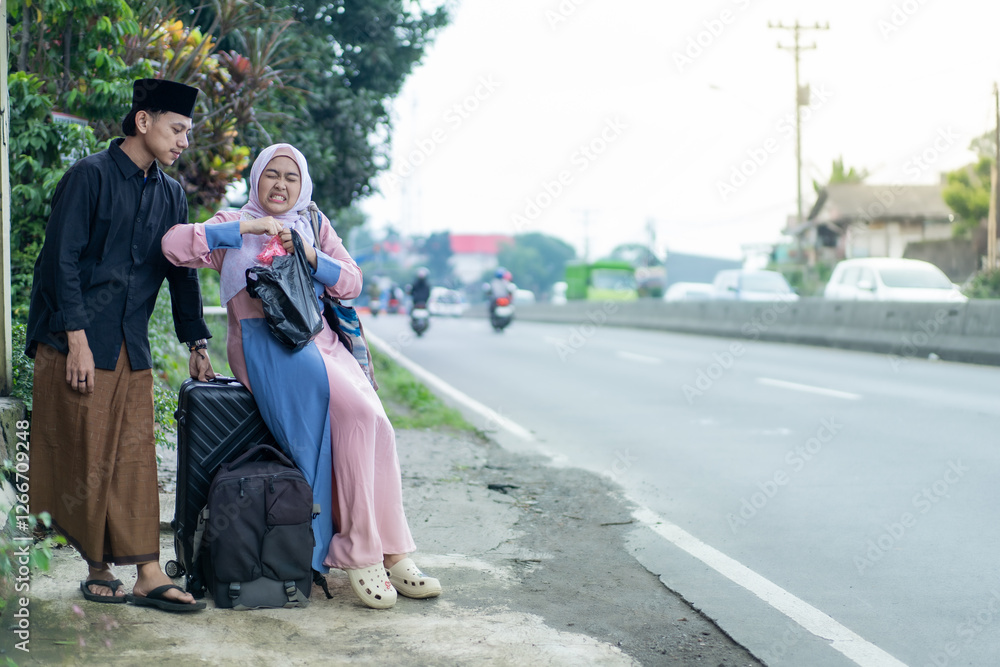 asian muslim couple with suitcase prepare to go. concept of man and woman travelling for eid mubarak celebration asian muslim couple with suitcase prepare to go. concept of man and woman travelling for eid mubarak celebration