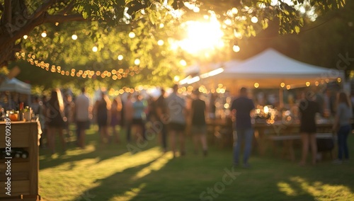 Evening Gathering: Illuminated Outdoor Party with Festive Lights and Happy Crowd Enjoying Summer