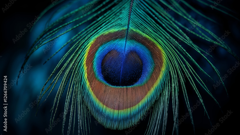 Obraz premium Peacock Feather Macro: A single peacock feather, showcasing intricate details, is captured in a macro shot, highlighting the vibrant colors and unique eye pattern. The feather's rich blues, greens.