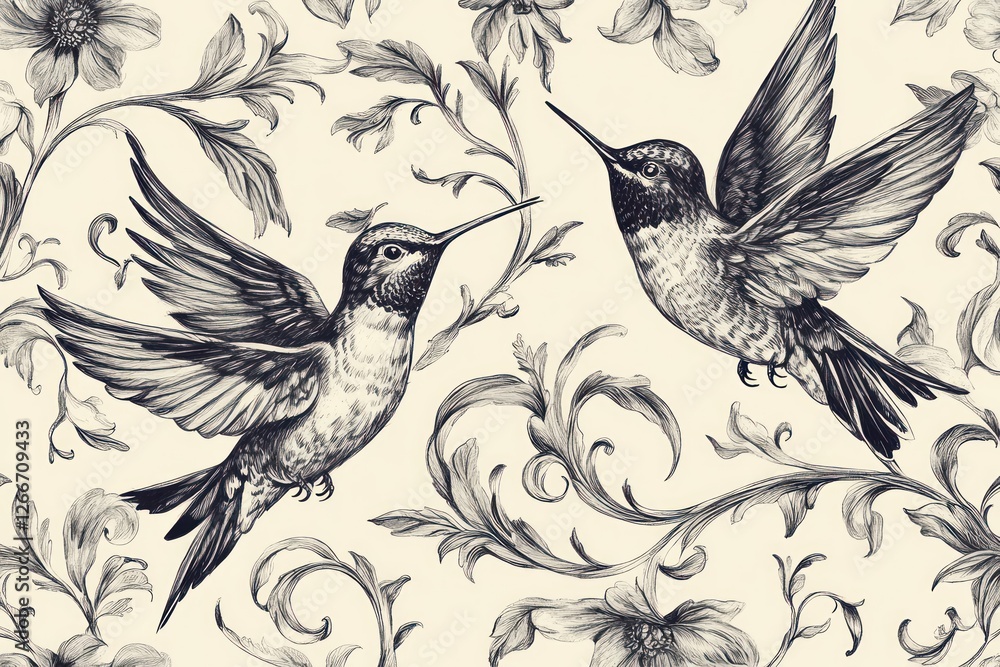 custom made wallpaper toronto digitalHummingbirds floral pattern, vintage design, nature background, textile print