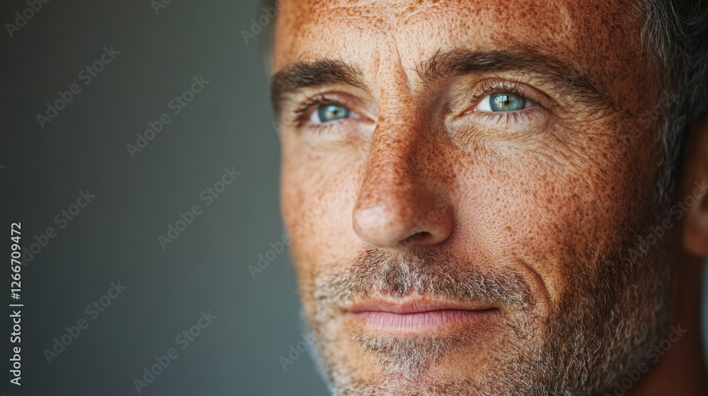 Fototapeta premium Before and after photos of a problematic face and healthy skin. Close Up Portrait of a Middle Aged Man with Blue Eyes and Freckles