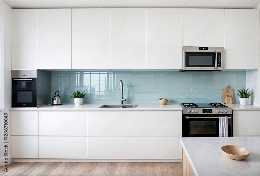 This image depicts a modern kitchen with white cabinets and stainless steel appliances.
This image depicts a modern kitchen with white cabinets and stainless steel appliances.