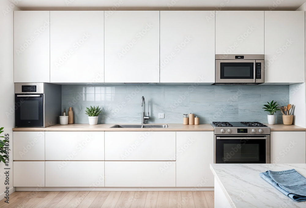 This image depicts a modern kitchen with white cabinets and stainless steel appliances.
This image depicts a modern kitchen with white cabinets and stainless steel appliances.