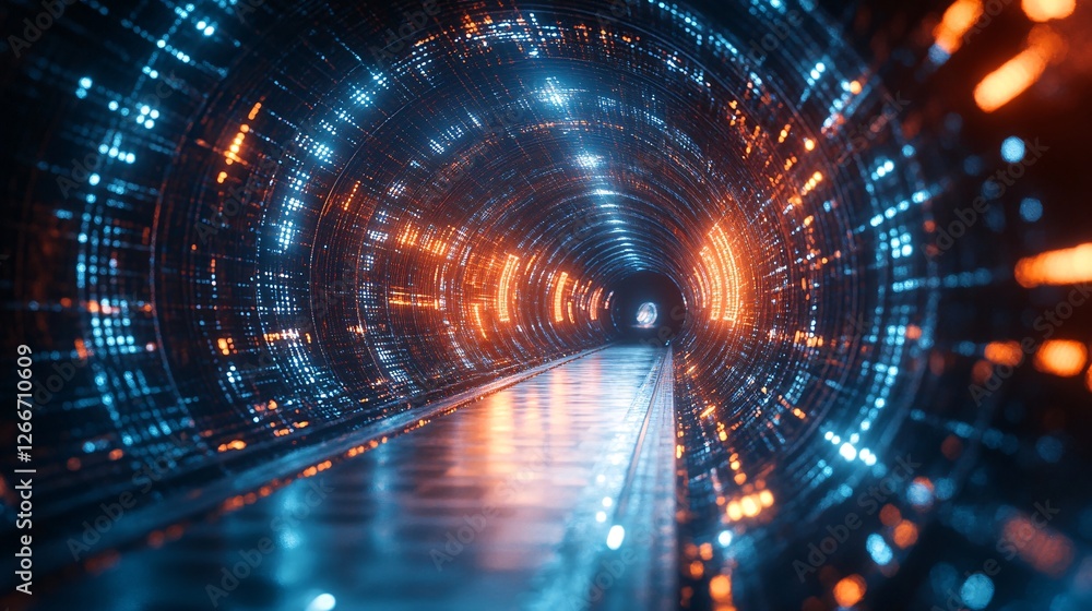 Fototapeta premium A futuristic tunnel glowing with vibrant blue and orange lights, creating a mesmerizing digital atmosphere.