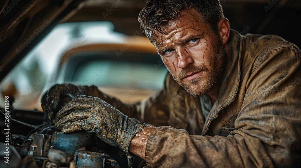 Fototapeta premium Dirty Mechanic Repairs Vehicle Engine Carefully