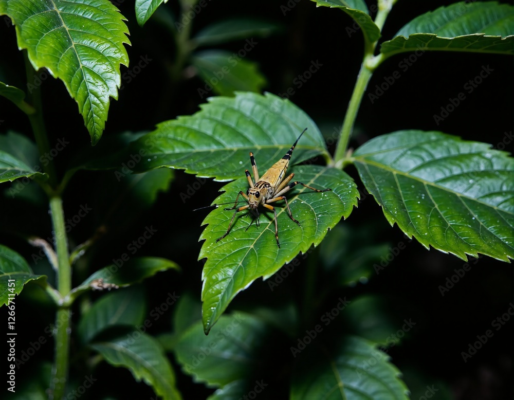 Locusts quietly perched on leaves after sunset Locusts quietly perched on leaves after sunset