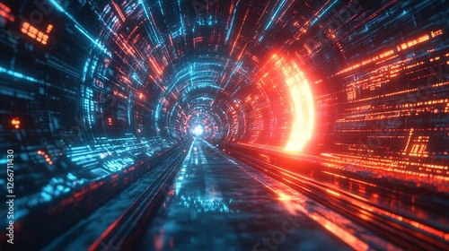 A vibrant digital tunnel with glowing blue and red lights, conveying a futuristic and technological atmosphere.