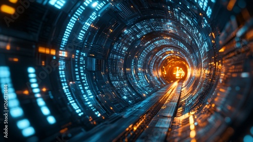 Wallpaper Mural A futuristic tunnel with glowing blue and orange lights, creating a dynamic and immersive digital atmosphere. Torontodigital.ca