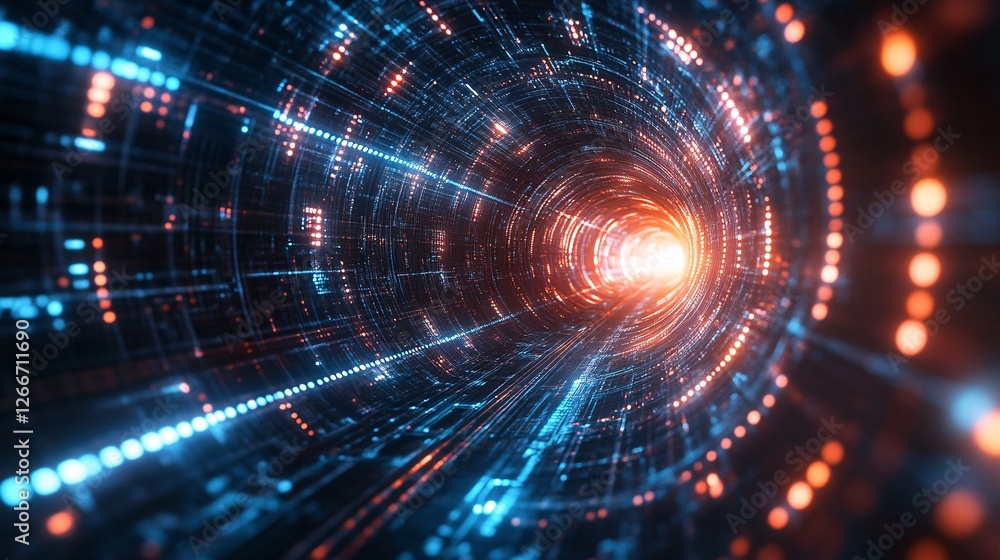 A vibrant, futuristic tunnel illuminated with blue and orange light, creating a sense of depth and movement. A vibrant, futuristic tunnel illuminated with blue and orange light, creating a sense of depth and movement.
