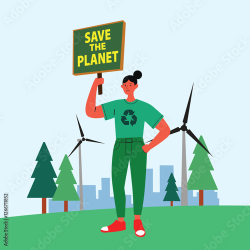 Activist Holding "Save the Planet" Sign – Environmental Awareness Illustration