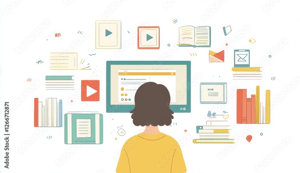 Person Sitting Amidst Digital and Physical Learning Resources in Minimalist Illustration Person Sitting Amidst Digital and Physical Learning Resources in Minimalist Illustration