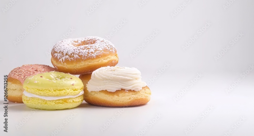 A Colorful Trio of Delicious Donuts with Sprinkles and Creamy Toppings Displayed on a Rustic Wooden Table Evoking a Cheerful and Inviting Atmosphere A Colorful Trio of Delicious Donuts with Sprinkles and Creamy Toppings Displayed on a Rustic Wooden Table Evoking a Cheerful and Inviting Atmosphere