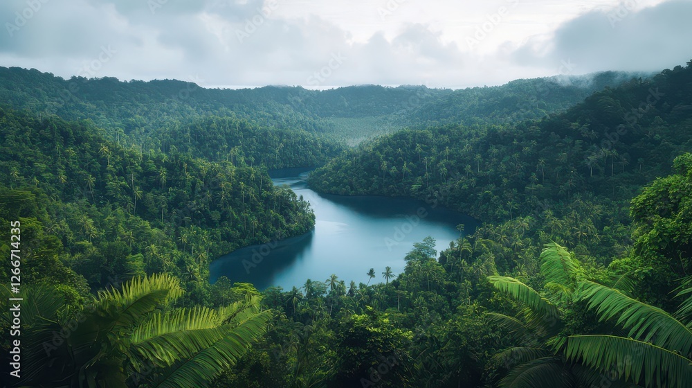 Serene Jungle Landscape with River and Mist Serene Jungle Landscape with River and Mist
