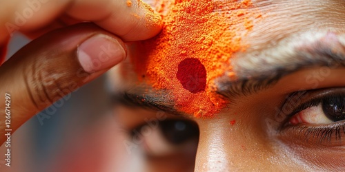 Priest applying tilak mark on forehead during indian ceremony photo