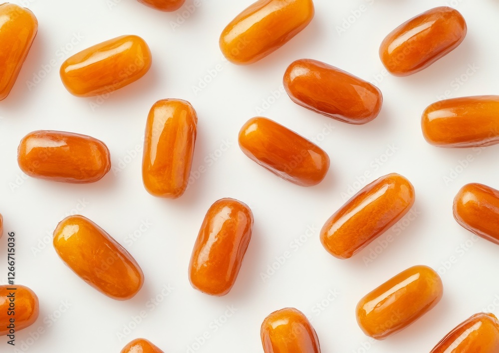 Scattered amber candies on white, overhead shot, food photography, packaging design Scattered amber candies on white, overhead shot, food photography, packaging design