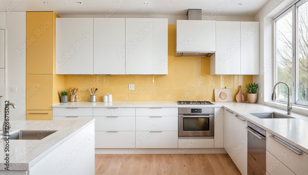 This image shows a modern kitchen with white cabinets, yellow backsplash and wood flooring.
This image shows a modern kitchen with white cabinets, yellow backsplash and wood flooring.
