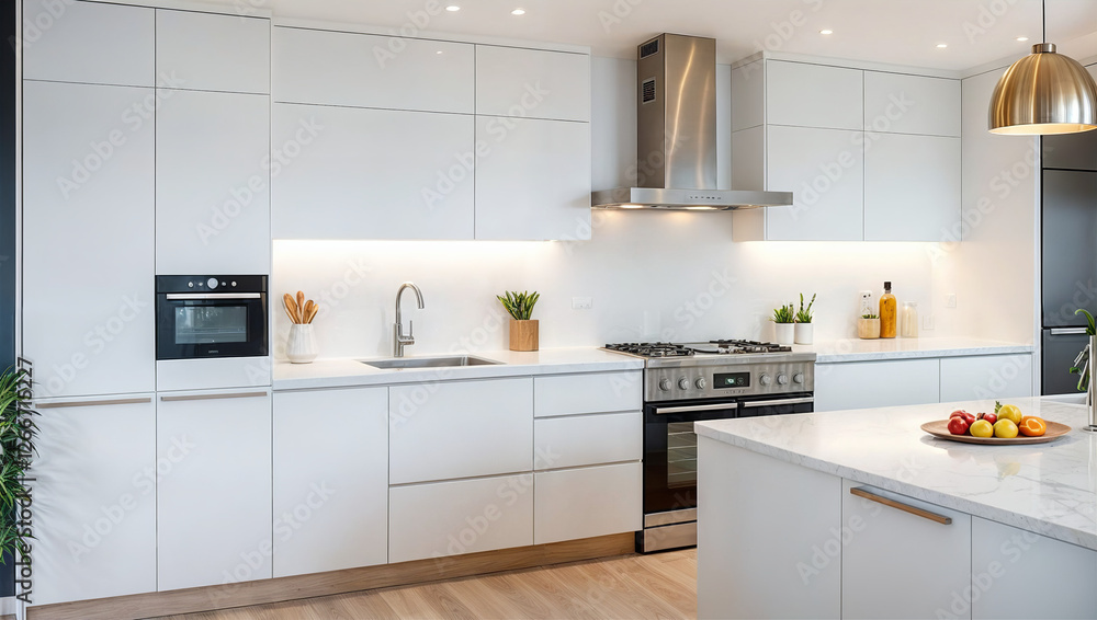 This image features a modern, all-white kitchen with sleek, minimalist cabinets, a stainless steel hood, and a large island with a built-in sink.
This image features a modern, all-white kitchen with sleek, minimalist cabinets, a stainless steel hood, and a large island with a built-in sink.
