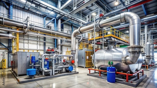 Industrial gas boiler room with high-pressure steam generators and heat exchangers in a modern facility, power plant components, industrial steam system
