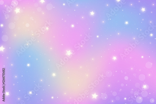 Pink unicorn sky with stars. Cute purple pastel background. Fantasy dreaming galaxy and magic wavy space with fairy light. Vector illustration