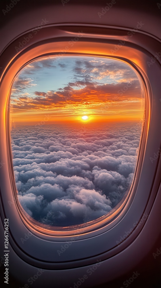 Sunrise View From Airplane Window With Orange and Pink Hues Over the Clouds. Generative AI Sunrise View From Airplane Window With Orange and Pink Hues Over the Clouds. Generative AI