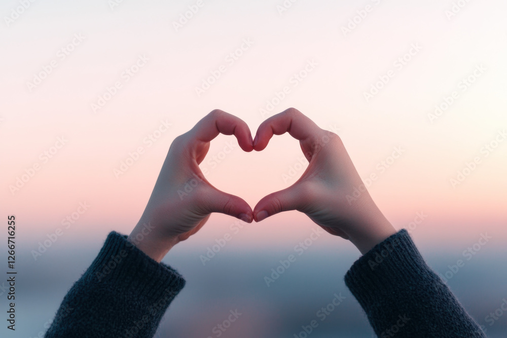 Obraz premium Woman making heart shape with hands at sunset