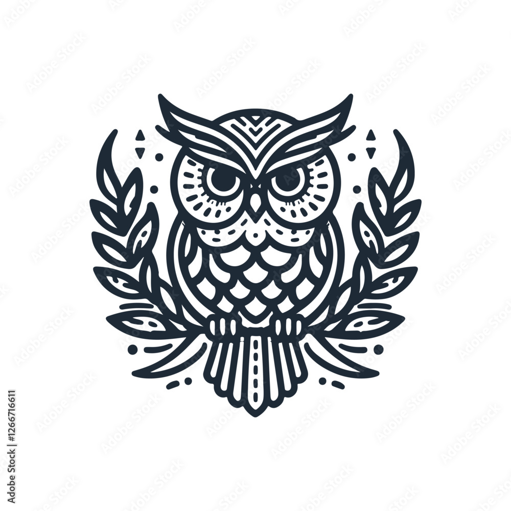 Fototapeta premium Vector ornamental Owl, ethnic zentangled mascot, amulet, mask of bird, patterned animal for adult anti stress coloring pages. Stylized face of a owl in the style of Zen tangle. Wisdom Icon logo