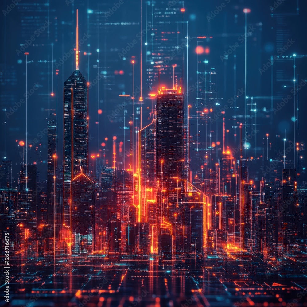 Vibrant Digital Cityscape at Night with Glowing Red and Orange Lines Vibrant Digital Cityscape at Night with Glowing Red and Orange Lines