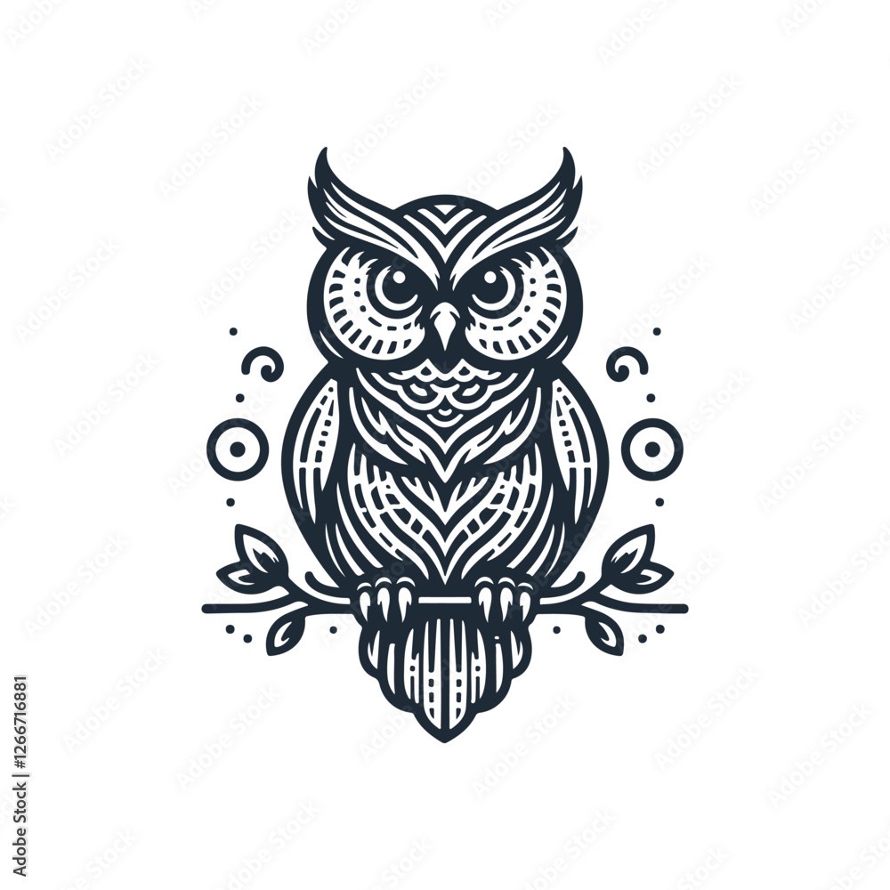 Fototapeta premium Vector ornamental Owl, ethnic zentangled mascot, amulet, mask of bird, patterned animal for adult anti stress coloring pages. Stylized face of a owl in the style of Zen tangle. Wisdom Icon logo