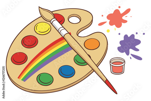 49 Vibrant artist's palette, colorful oil paints, wooden paintbrush, artistic creativity, rainbow hues, messy paint splatters, oval wooden palette, painterly texture, artistic tools, studio art suppli