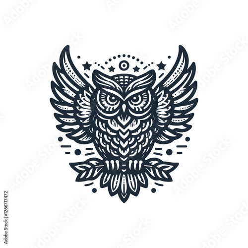 Vector ornamental Owl, ethnic zentangled mascot, amulet, mask of bird, patterned animal for adult anti stress coloring pages. Stylized face of a owl in the style of Zen tangle. Wisdom Icon logo