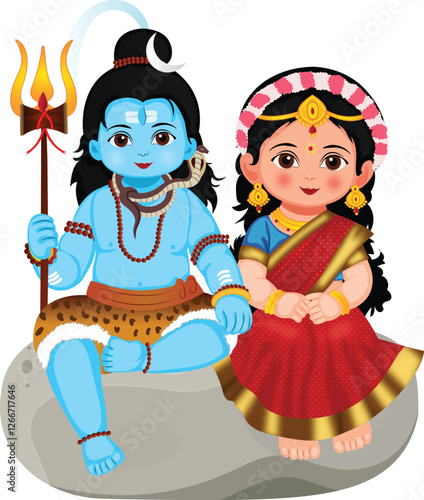 Lord Shiva And Goddess Parvati Sitting on a Stone Cartoon Character Vector Illustration